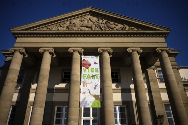 Entrance, tympanum, advertising poster, diversity, Natural History Museum Stuttgart, Rosenstein Castle, Rosenstein Park, Stuttgart, Baden-Württemberg, Germany