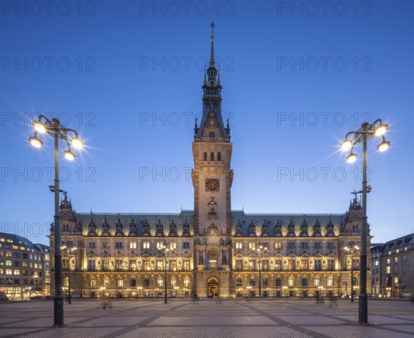 Hamburg City Hall with illuminated façade at the blue hour, Hamburg, Germany