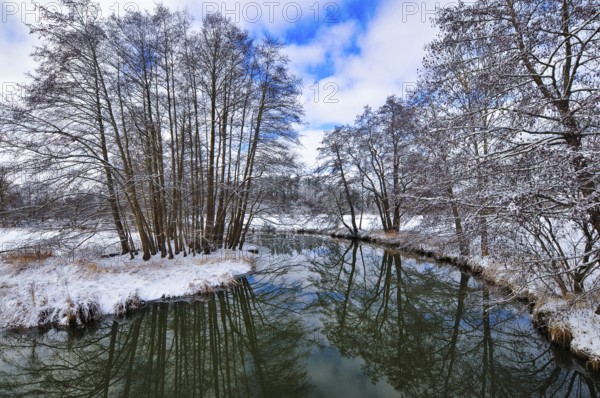 Wintery floodplain landscape along the Schmutter in the Augsburg Western Wälder nature park Park, Bavaria, Germany