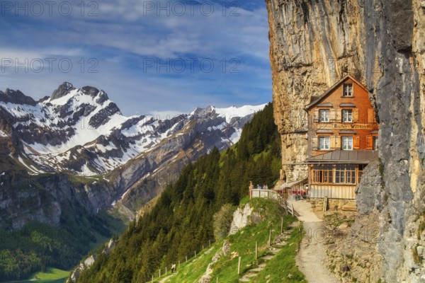 Berggasthaus Aescher restaurant built into the cliff face of Ebenalp, a famous mountain inn near Appenzell in the Alpstein Alps, Appenzell Innerrhoden Canton, Switzerland