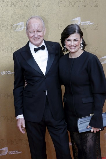 Stellan Skarsgard and Megan Everett arriving for the European Film Awards at the House of World Cultures in Berlin on 17.01.2026