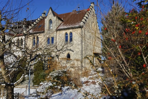 Restaurant Altes Forsthaus bei Schloss Lichtenstein, restaurant, historic building, architecture, winter, snow, window, entrance, staircase, Honau, municipality of Lichtenstein, Swabian Jura, Baden-Württemberg, Germany