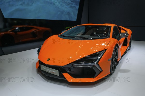 Press photo of Lamborghini Revuelto plug-in hybrid super sports car with 1015 hp system output thanks to 6.5 liter V12 naturally aspirated 825 hp engine and three electric motors, Messe boot, Düsseldorf, North Rhine-Westphalia, Germany