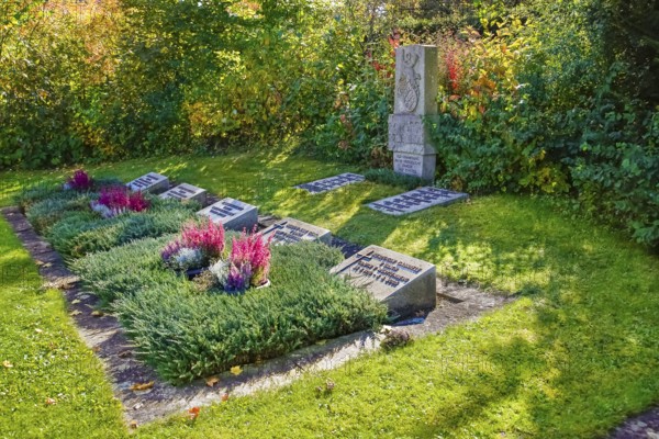 Tombstone of the ducal family, graves, memorial, in the back memorial stone in memory of the ducal family at Lichtenstein Castle, coat of arms, stone tablet, inscription, letters, alb plateau above the Albtrauf, Großengstingen, municipality of Engstingen, district of Reutlingen, Swabian Alb, Baden-Württemberg, Germany