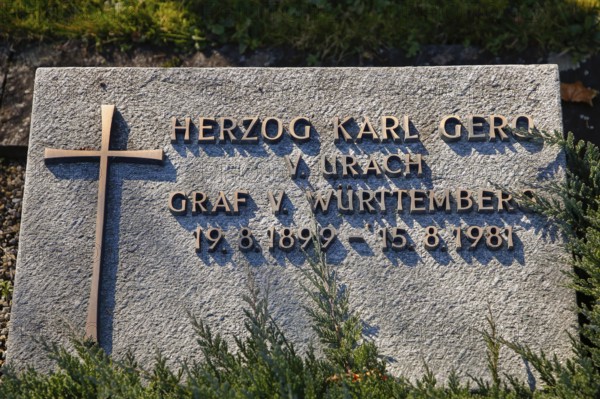 Tombstone, Duke Karl Gero von Urach, Count of Württemberg 1899 to 1981, cross, letter, grave, cemetery, Großengstingen, municipality of Engstingen, district of Reutlingen, Swabian Jura, Baden-Württemberg, Germany