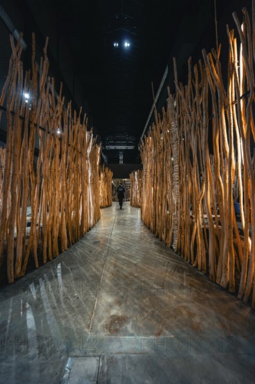 Oblong passage made of wooden bars in a modern art installation, Tate Modern of Art, Lodon, United Kingdom