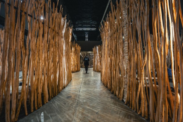 A path lined with wooden bars in an art installation, Tate Modern of Art, Lodon, United Kingdom