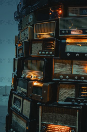 Close-up of stacked vintage radios with lighting effects, Tate Modern of Art, Lodon, United Kingdom