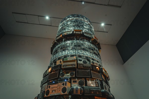 Large tower of old radios, artfully stacked in space, Tate Modern of Art, Lodon, United Kingdom