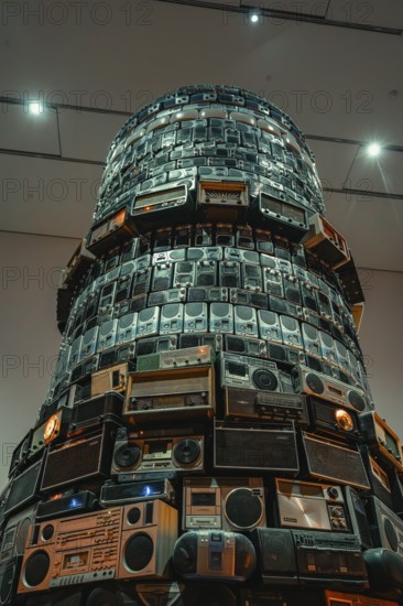 Tower-like installation of stacked radios in a brightly lit room, Tate Modern of Art, Lodon, United Kingdom