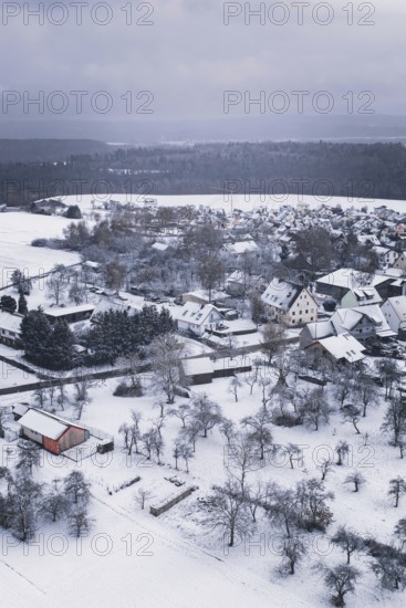Snow-covered village surrounded by a winter landscape, icy atmosphere, Wiesenstetten, Freudenstadt district, Germany
