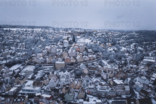 Panoramic view of a snowy town with densely packed houses and trees, Altensteig, Calw district, Germany