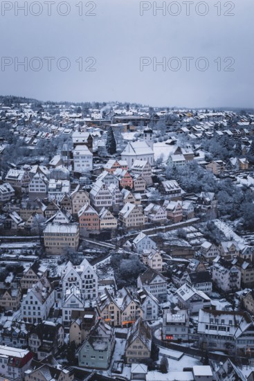 Snowy town with half-timbered houses and church, surrounded by winter landscape, Altensteig, Calw district, Germany