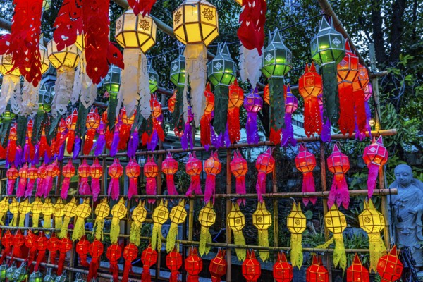 Colourful illuminated lanterns at Suthiwararam Buddhist Temple, Bangkok, Thailand's metropolis, Thailand
