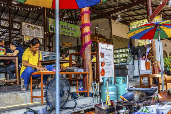 Thai cafe on the Damneon Saduak floating markets canal, near Bangkok, Ratchaburi district, Thailand