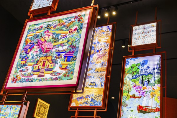 Jim Thomson House and Museum, pictures with Thai silk motifs framed, Bangkok, Thailand's metropolis, Thailand