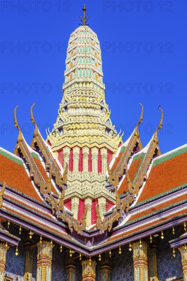 The Grand Royal Palace, Wat Phra Kaeo Buddhist Temple, the Royal Pantheon, Prasad Phra Thepbidon, overlapping roofs with curved chofas, Phra Nakhon, Bangkok, Thailand's metropolis, Thailand