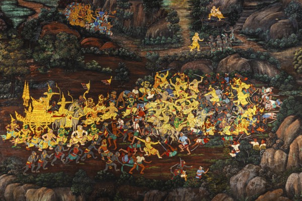 The Grand Royal Palace, Wat Phra Kaeo Buddhist Temple, wall painting on galleries with Buddhist motifs, Phra Nakhon, Bangkok, Thailand's metropolis, Thailand