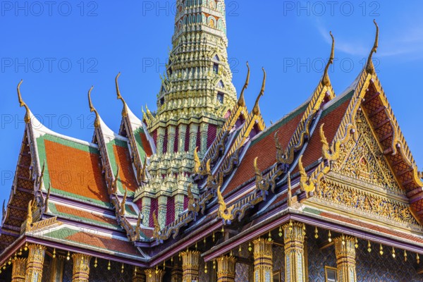 The Grand Royal Palace, Wat Phra Kaeo Buddhist Temple, the Royal Pantheon, Prasad Phra Thepbidon, buildings with overlapping roofs with curved chofas, Phra Nakhon, Bangkok, Thailand's metropolis, Thailand