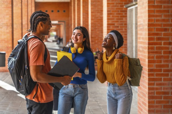 Group of happy young university students from different ethnicities communicating and celebrating success on a college campus walkway, enjoying education and friendship