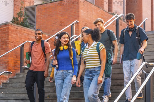 Diverse group of smiling university students walking down outdoor stairs on campus together, carrying books and backpacks, representing education and happiness