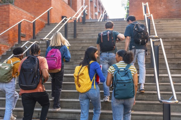 Group of young, multi ethnic university students with backpacks ascending outdoor stairs at a college campus, symbolizing education, learning, and the journey of academic life