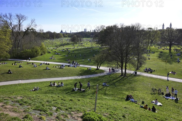 View of the southern English Garden from Monopteros, many people enjoying summer, Munich, Bavaria, Germany