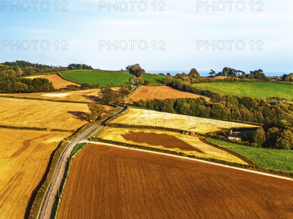 Colours of Devon Farms and Fields over Berry Pomeroy from a drone, Totnes, England, United Kingdom