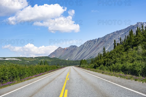 Road through taiga and mountainous landscape, picturesque landscape on Richardson Highway, Alaska, USA