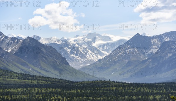 Taiga and tundra in front of mountain landscape, picturesque landscape with icy mountain peaks, Glenn Highway, Alaska, USA