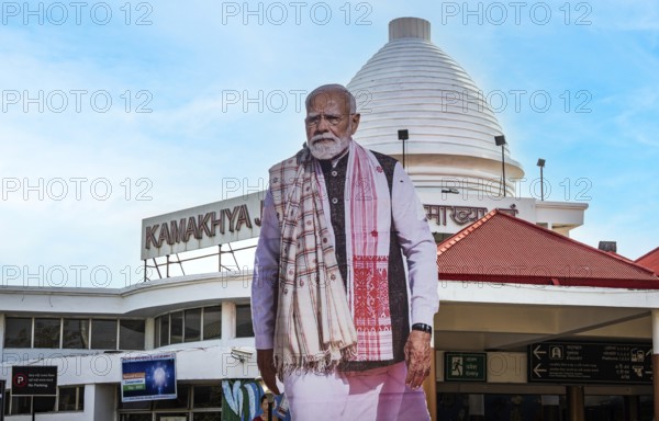 A large cutout of Indian Prime Minister Narendra Modi installed outside Kamakhya railway station as he virtually flags off the country's first Vande Bharat sleeper train between Guwahati (Kamakhya) and Howrah, in Guwahati, India on 17 January 2026