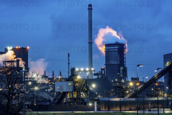 Hüttenwerke Krupp-Mannesmann, HKM in Duisburg, coking plant, fire tower with fire cloud, marshalling yard tracks, North Rhine-Westphalia, Germany