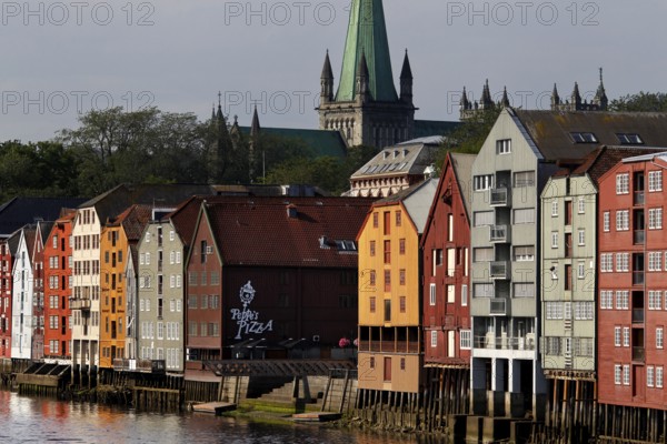 Storehouses on the Nidelva River with a view of Nidarosdomen, Trondheim, Trøndelag, Norway