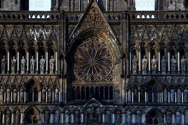 Detailed gothic façade with rose window, Trondheim, Trøndelag, Norway