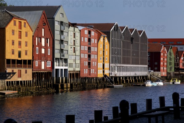 View of the characteristic warehouses along the banks of the Nidelva, Trondheim, Norway