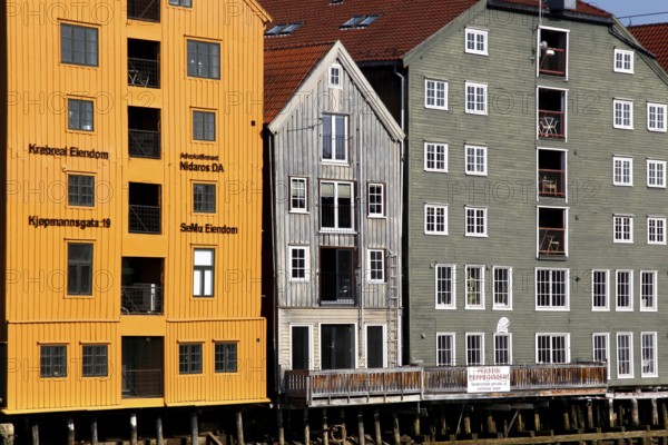 Close-up of warehouses on Nidelva in Trondheim with colorful architecture, Trondheim, Norway