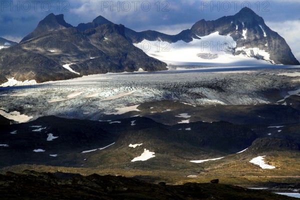 Snow-capped mountains and glaciers in Sognefjell, dramatic landscape