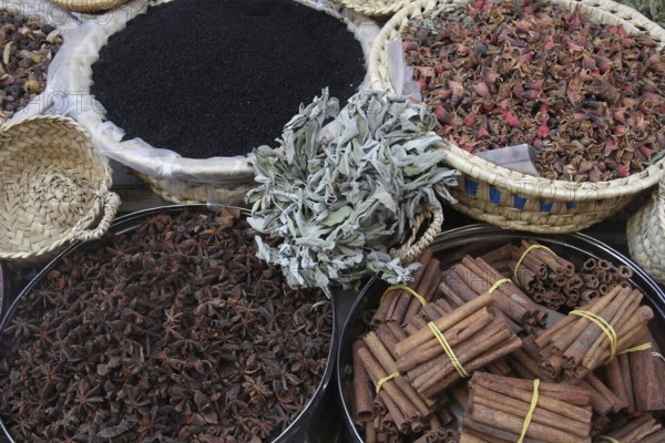 Various spices and herbs on display at a market in Fez, Fez, Fès-Meknès, Morocco
