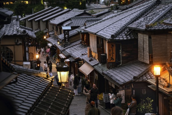 Atmospheric night view of lantern-lit street in Ninenzaka, Kyoto, Kansai, Japan