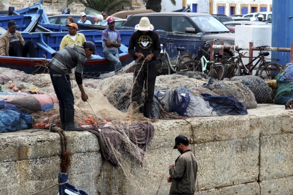 Fishermen unravel nets on a harbor wall in Essaouira, Essaouira, Morocco