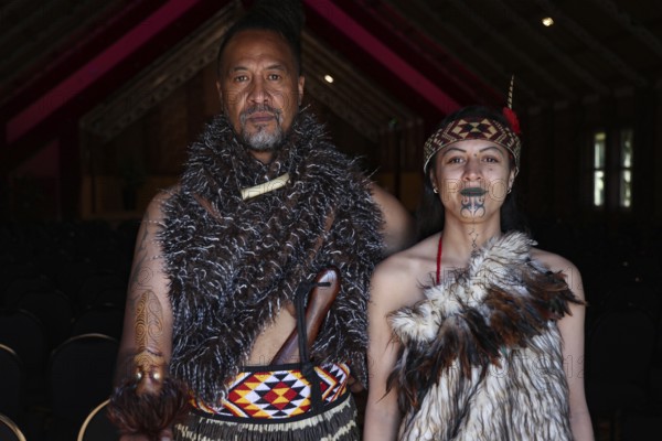 Portrait of people wearing traditional Maori clothing, Rotorua, Te Puia, New Zealand