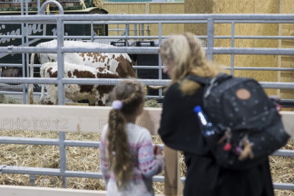 A mother and her daughter in front of a cowshed in the animal shed at the Green Week at the exhibition center in Berlin on 16.01.2026. The Agricultural and Food Industry Fair will take place from January 16-25, 2026