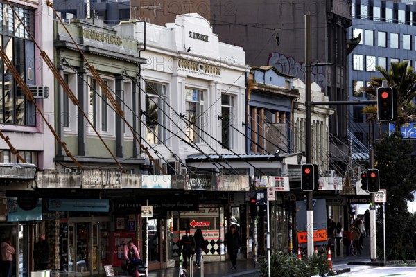 Karangahape Road with old buildings and shops in an urban setting, Auckland, New Zealand