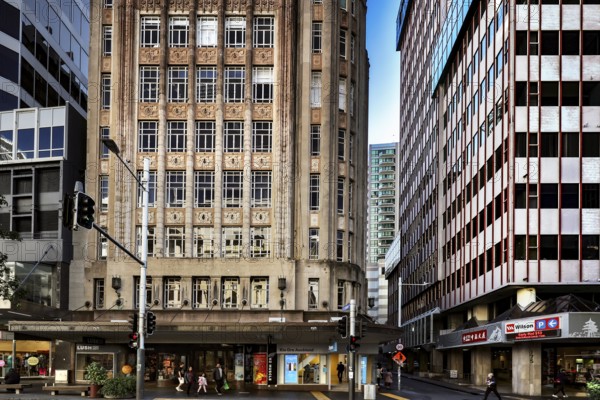 Art Deco buildings line bustling Queen Street in Auckland, Auckland, New Zealand