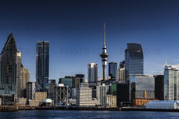 City panorama of Auckland CBD seen from a sailing ship, Auckland, New Zealand