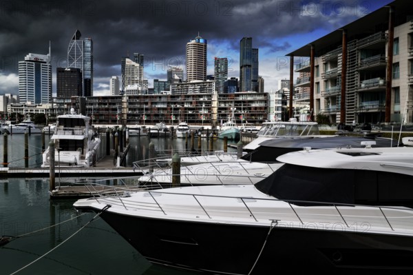 Harbour panorama with yachts and Auckland's distinctive skyline in the background, Auckland, region, New Zealand
