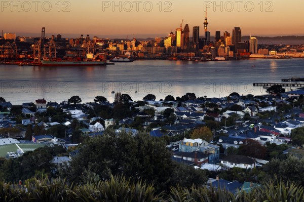 View of the city center from Mt Victoria over Devonport at sunset, Auckland, null, New Zealand
