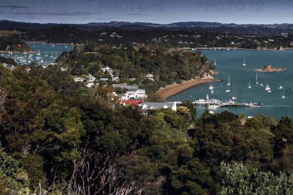 Panoramic view of the Bay of Islands with blue water and surrounding vegetation, Maiki, Bay of Islands, New Zealand