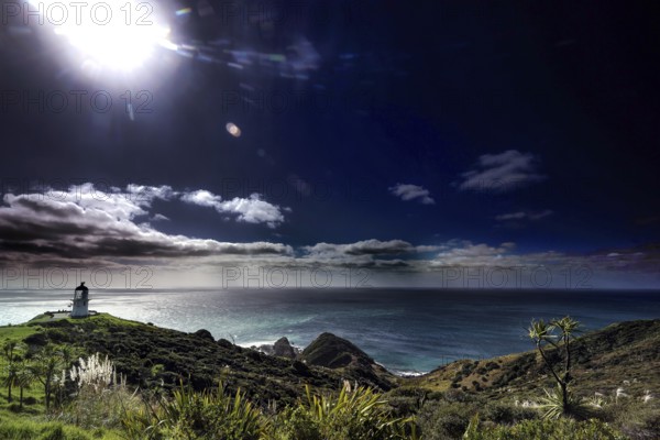 Landscape near Cape Reinga with lighthouse, bright sunlight and lush greenery, Cape Reinga, Northland, New Zealand