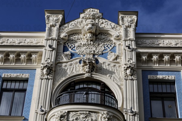Detail of an art nouveau building with decorative elements, Riga, Latvia